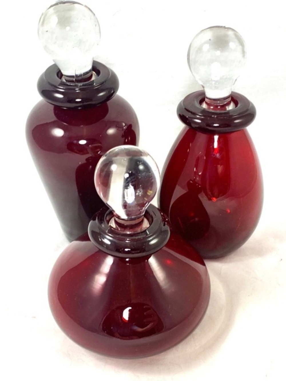 Vintage Ruby Red Glass Perfume Bottles with Clear Stoppers from the 70s and 80s